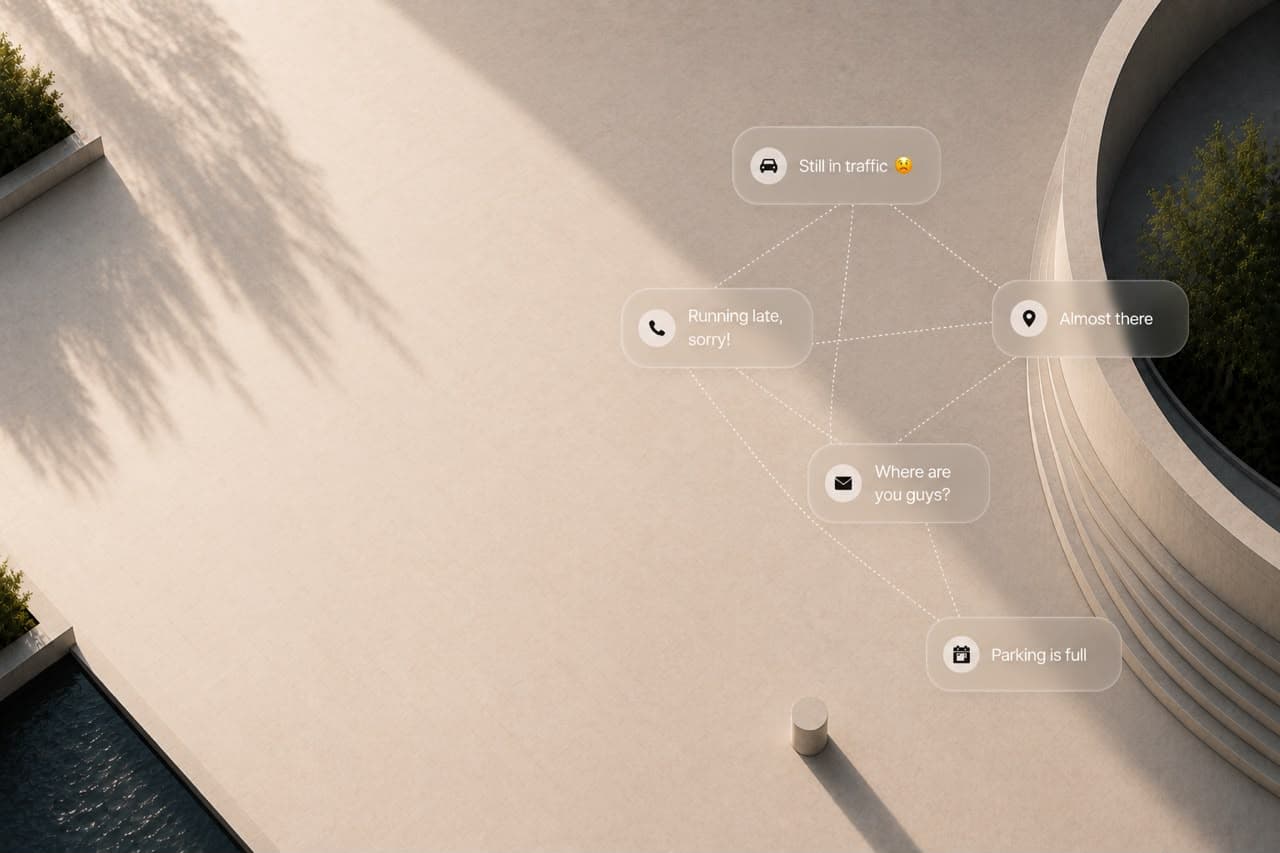 An overhead view of a sunlit architectural plaza with scattered message notifications — running late, still in traffic, where are you guys