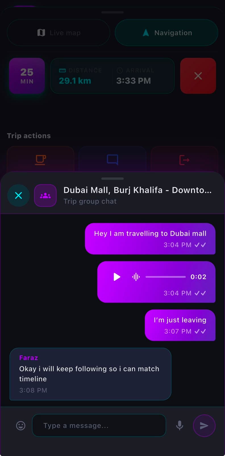 Zyncers in-trip group chat showing live messages between travelers