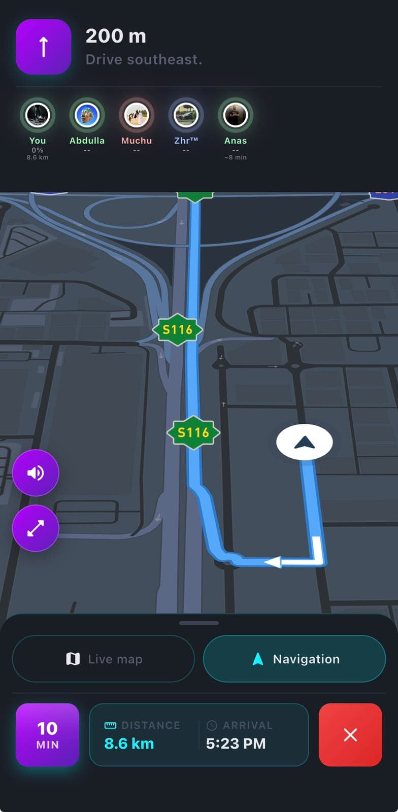 Zyncers live group navigation with participant progress, route, distance, and arrival time