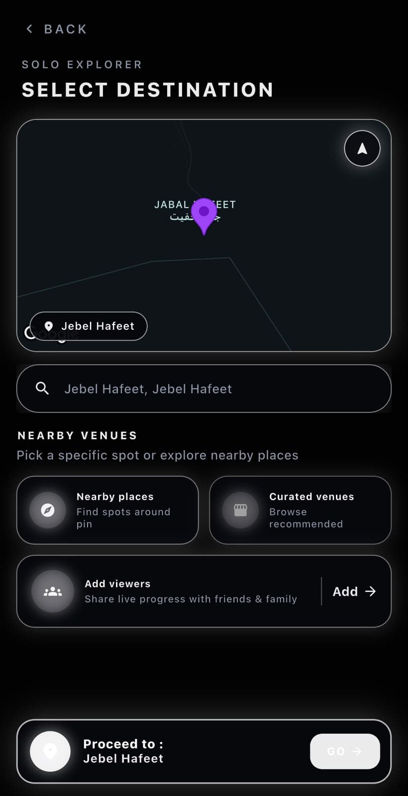 Zyncers Solo Explorer destination screen with Add viewers to share live progress with friends and family