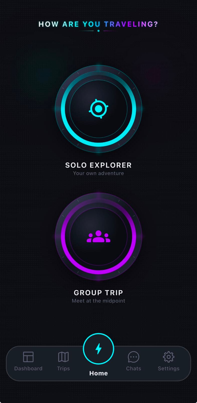 Zyncers screen for choosing between a Solo Explorer trip or a Group Trip