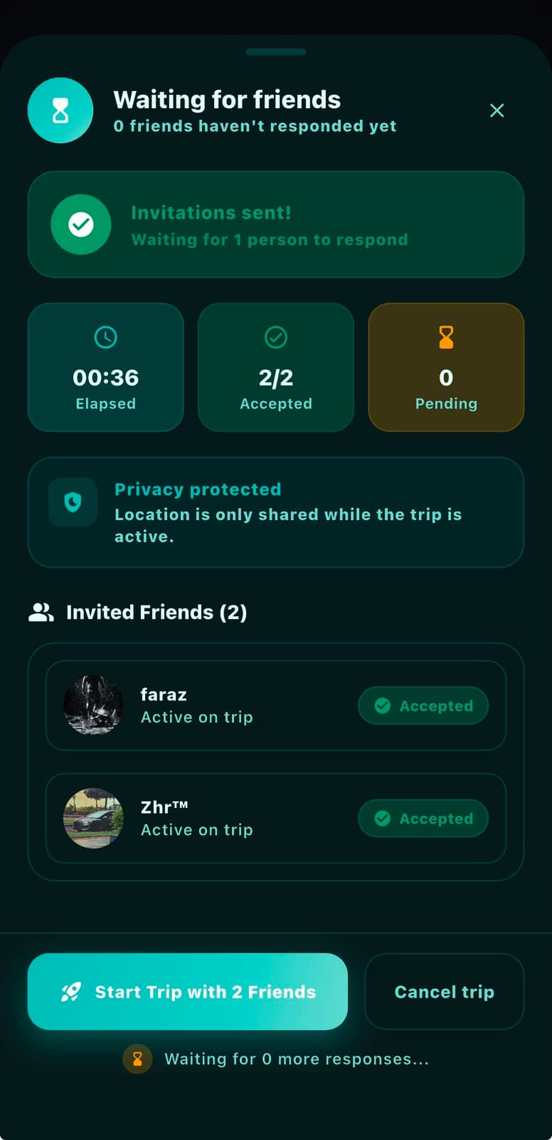Zyncers group trip screen showing invitation status, with two friends marked as accepted