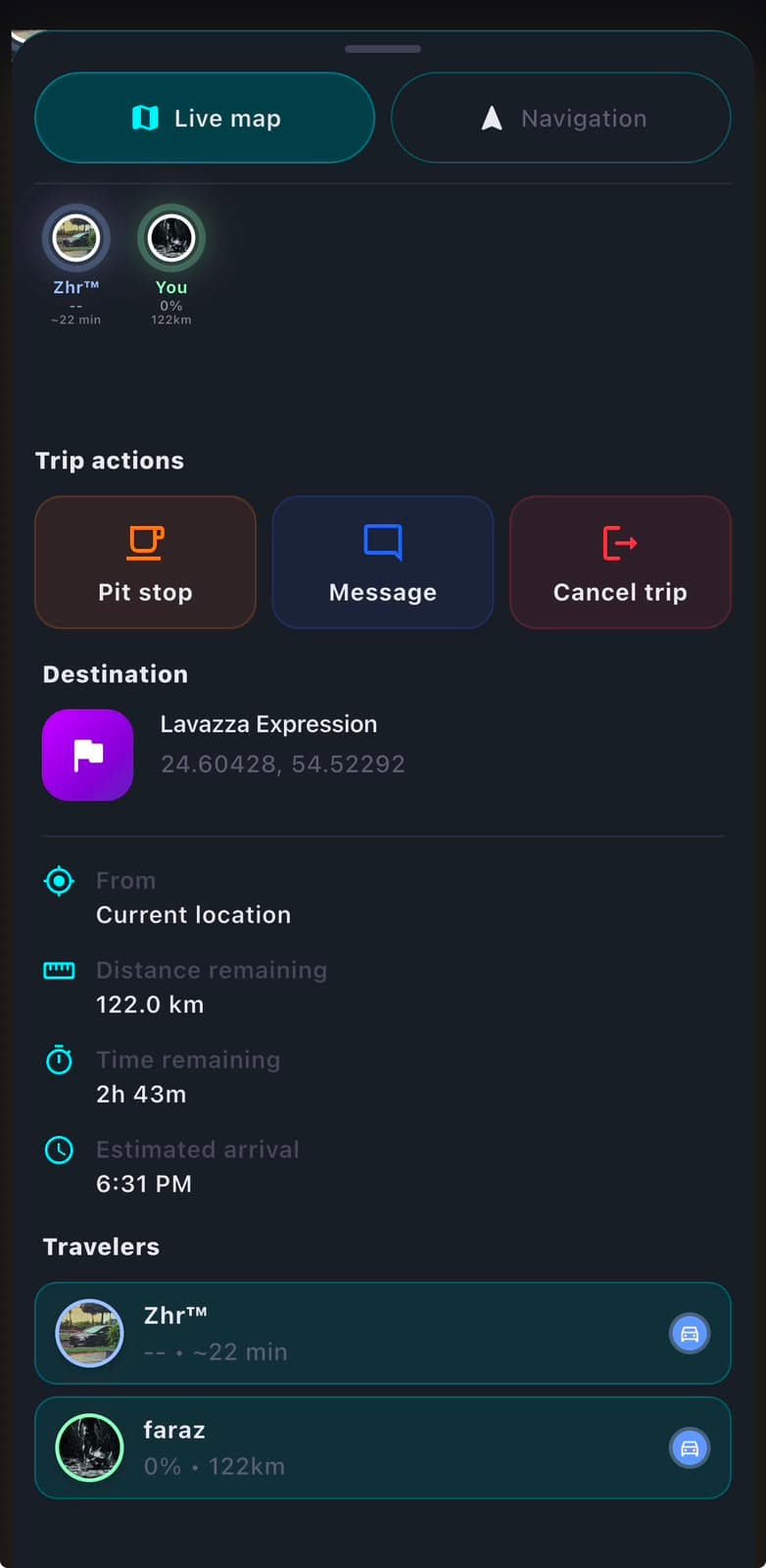 Zyncers live trip screen showing distance remaining, estimated arrival and traveler status for each participant