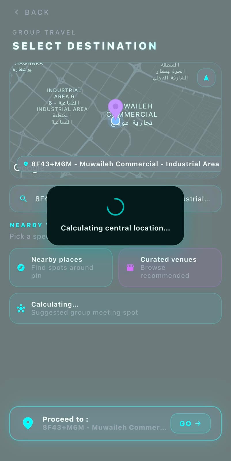 Zyncers group travel screen for selecting a destination and calculating a central meeting location