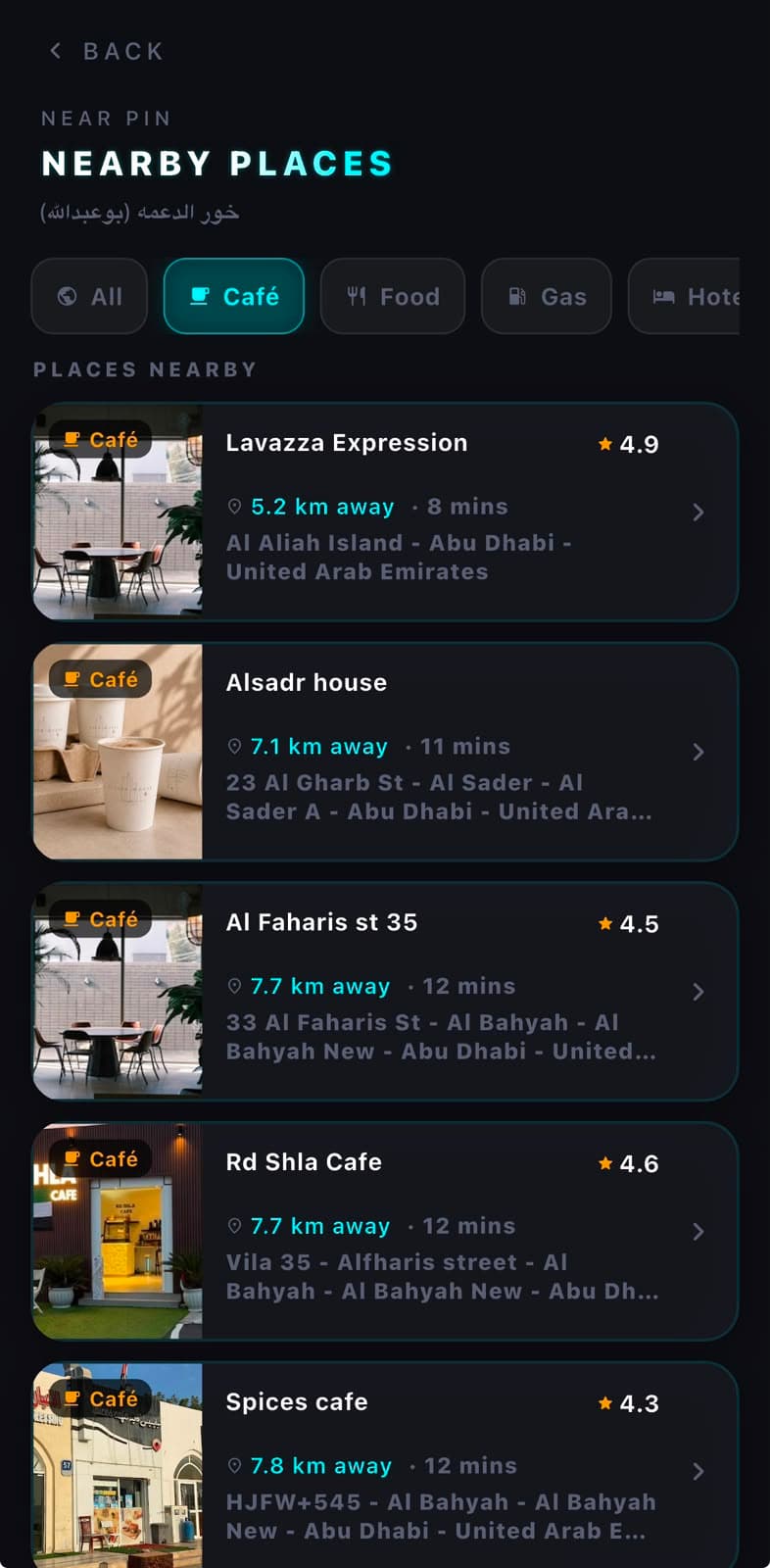 Zyncers nearby places screen listing cafes near a selected pin, with distance and travel time